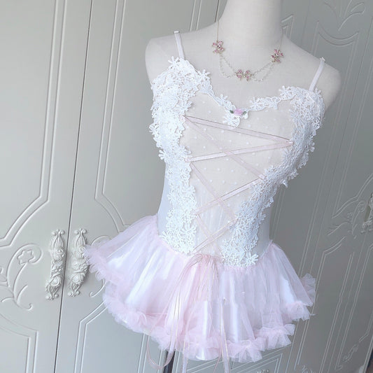 Sweet Lace Mesh Perspective One-piece Suit Hand-made Small Suspender Skirt