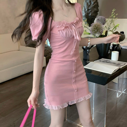 Women's Lace Collar Receive Waist Square Neck Thin Puff Sleeve Dress