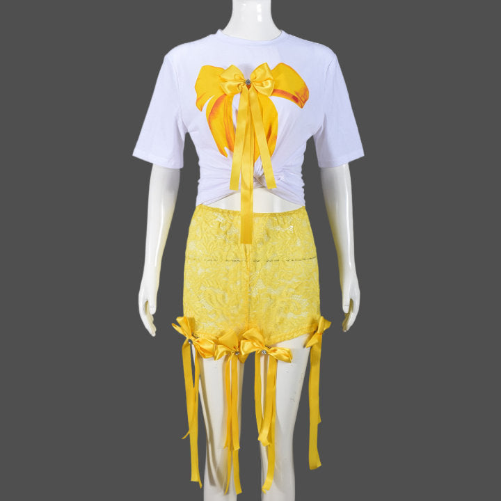 Sexy 3D Butterfly Printed Loose Top Lace Trendy Shorts Suit Women