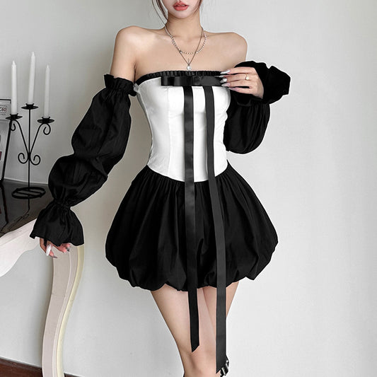Contrast Color Fashion Hot Girl Bow Tube Top Cinched Waist Bud Skirt Dress
