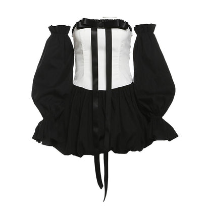 Contrast Color Fashion Hot Girl Bow Tube Top Cinched Waist Bud Skirt Dress