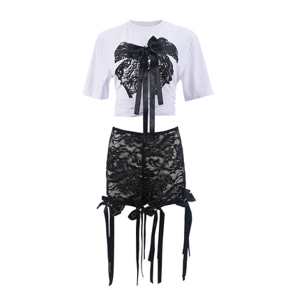 Sexy 3D Butterfly Printed Loose Top Lace Trendy Shorts Suit Women