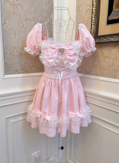 Lace Trim Puff Sleeve Slim Fit Ladies Dress