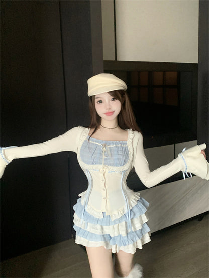 Waist-controlled Top Women's Autumn Tiered Skirt Short Skirt Two-piece Set