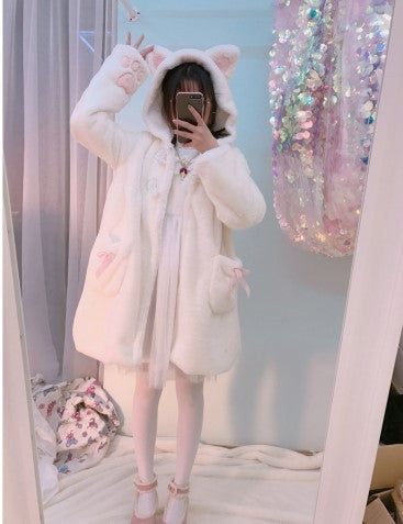 Warm Faux Fur Cat Coat – Kawaii Style with Ears & Paws