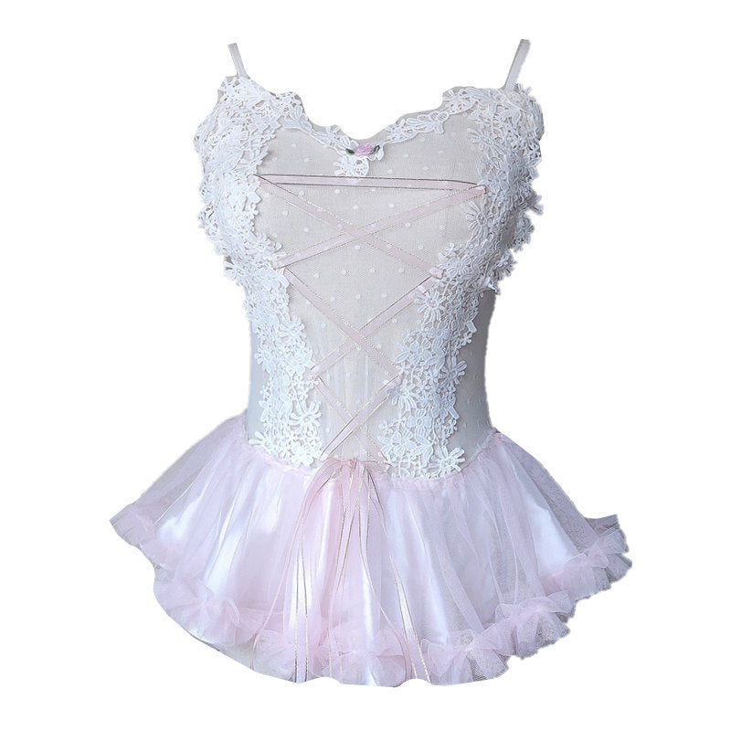 Sweet Lace Mesh Perspective One-piece Suit Hand-made Small Suspender Skirt