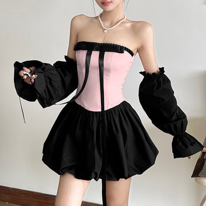 Contrast Color Fashion Hot Girl Bow Tube Top Cinched Waist Bud Skirt Dress