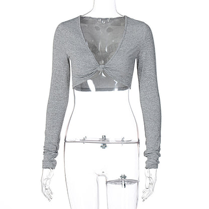 Cropped V-Neck T-Shirt – Elegant Long Sleeve Style