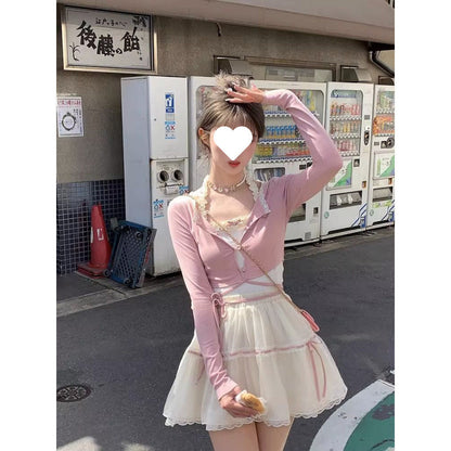 Female Sweet Square Collar Short Sleeve Top And Skirt Suit