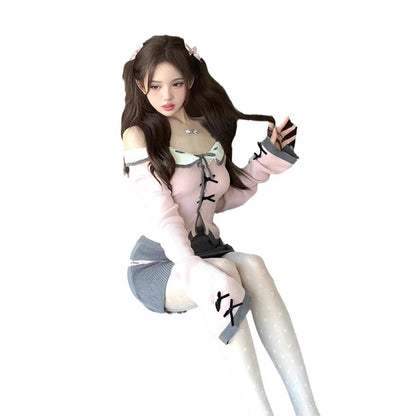 2024 Autumn Color Hanging Neck Knitted Cardigan Sweater Doll Collar Women's Autumn Sexy Spice Girls Lace-up Slim Fit Suit