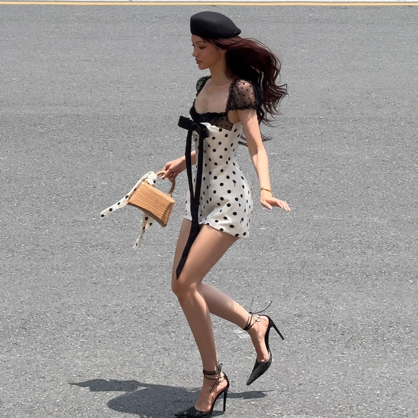 Ins European And American Style 2025 Summer New Sexy Square Neck Bow Mesh Slim Slimming Look Polka Dot Dress For Women