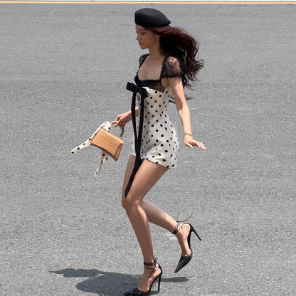 Ins European And American Style 2025 Summer New Sexy Square Neck Bow Mesh Slim Slimming Look Polka Dot Dress For Women