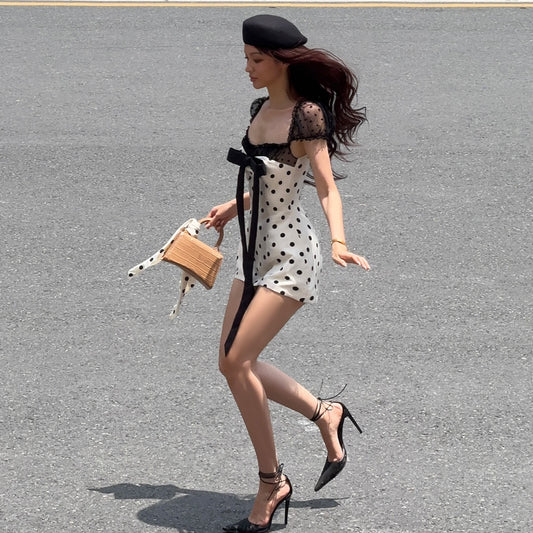 Ins European And American Style 2025 Summer New Sexy Square Neck Bow Mesh Slim Slimming Look Polka Dot Dress For Women