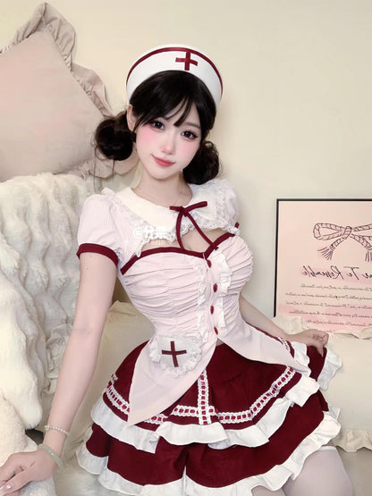 Sweet And Cute Girly Doll Style Ruffled Pleated Waist Top High Waist Slimming Look Cake Skirt Two-Piece Set