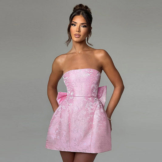 YJ24112 Summer 2024 New Fashion Style Elegant Sexy Jacquard Tube-shaped Bow Mini Dress Women