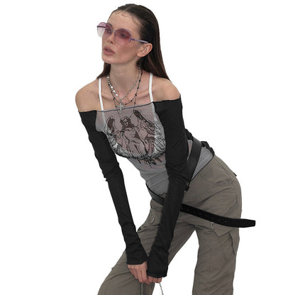 Y23TP642 European And American Cross-border Sexy Spice Girl Style Mesh Knitted Stitching Collar Printed Transparent Top Women's Clothing
