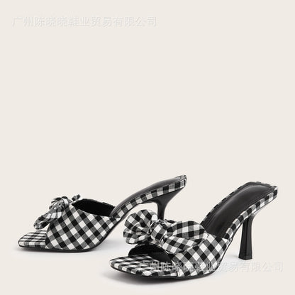 Black Plaid Spring And Summer Square Toe Big Bow Stiletto Heels
