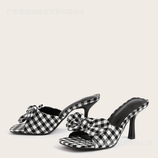 Black Plaid Spring And Summer Square Toe Big Bow Stiletto Heels