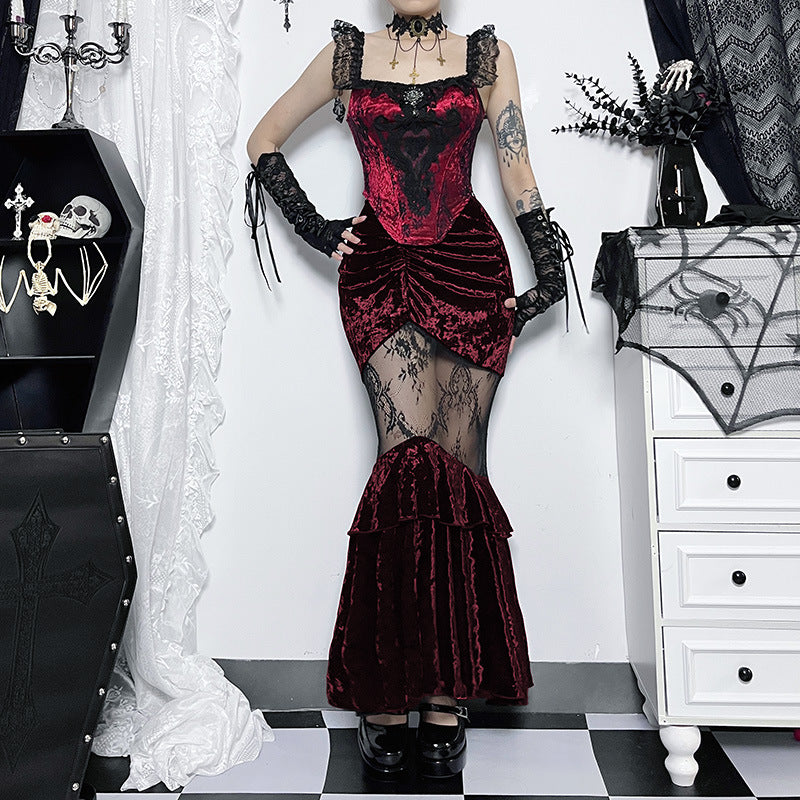 JY23585 Diablo Style New Sexy Perspective Spice Girl Long Dress Summer Elegant Suede Lace Stitching Women's Half Skirt