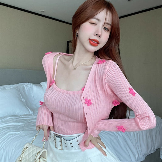 Hot Girl Suit Camisole 2025 Summer New Mesh Small Fragrance Cardigan Short Top Two-Piece Knitted Set