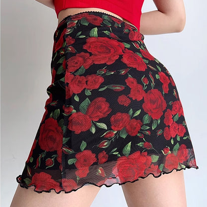 European And American Cross-Border Women's Summer New Red Rose Print Slim A-Line Skirt Pg2885