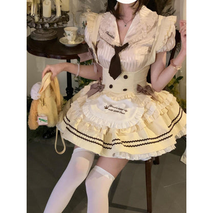 Cute And Sweet Girl Spliced ​​Ruffle Shirt, Waist Vest, Slimming Tutu Skirt, New Lolita Three-Piece Set