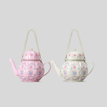Sweet Girl Vintage Lolita Pearl Chain Printed Teapot Handbag Creative Shoulder Crossbody Bag Distinctive Handbag