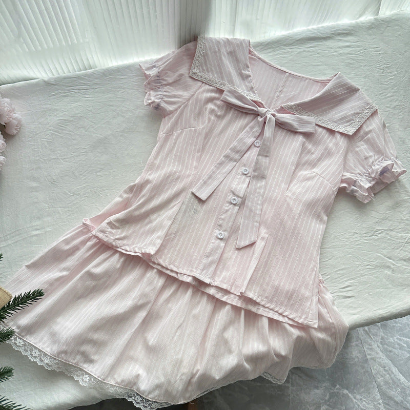 Love Summer Bow Lapel Waist Top Lace Skirt Summer Suit