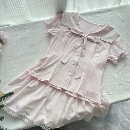 Love Summer Bow Lapel Waist Top Lace Skirt Summer Suit