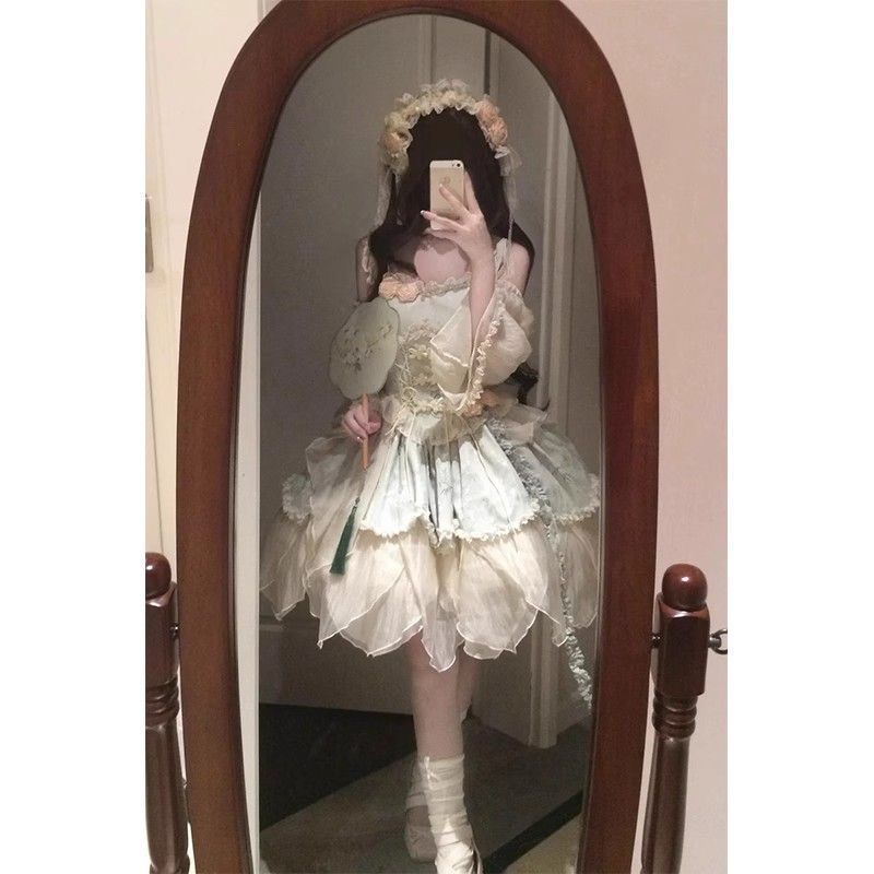 Green Bamboo Leaf Print New Chinese Ballet Style Elegant Fairy Lolita Skirt Lolita Princess Skirt Milky White