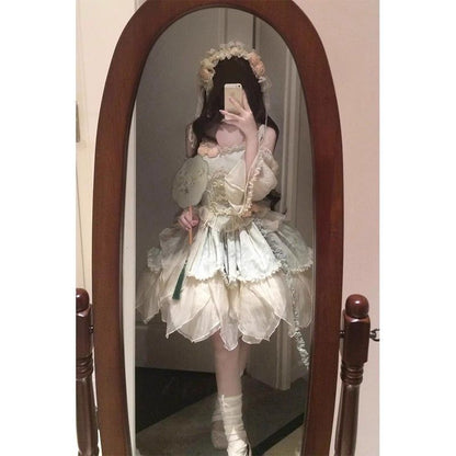 Green Bamboo Leaf Print New Chinese Ballet Style Elegant Fairy Lolita Skirt Lolita Princess Skirt Milky White