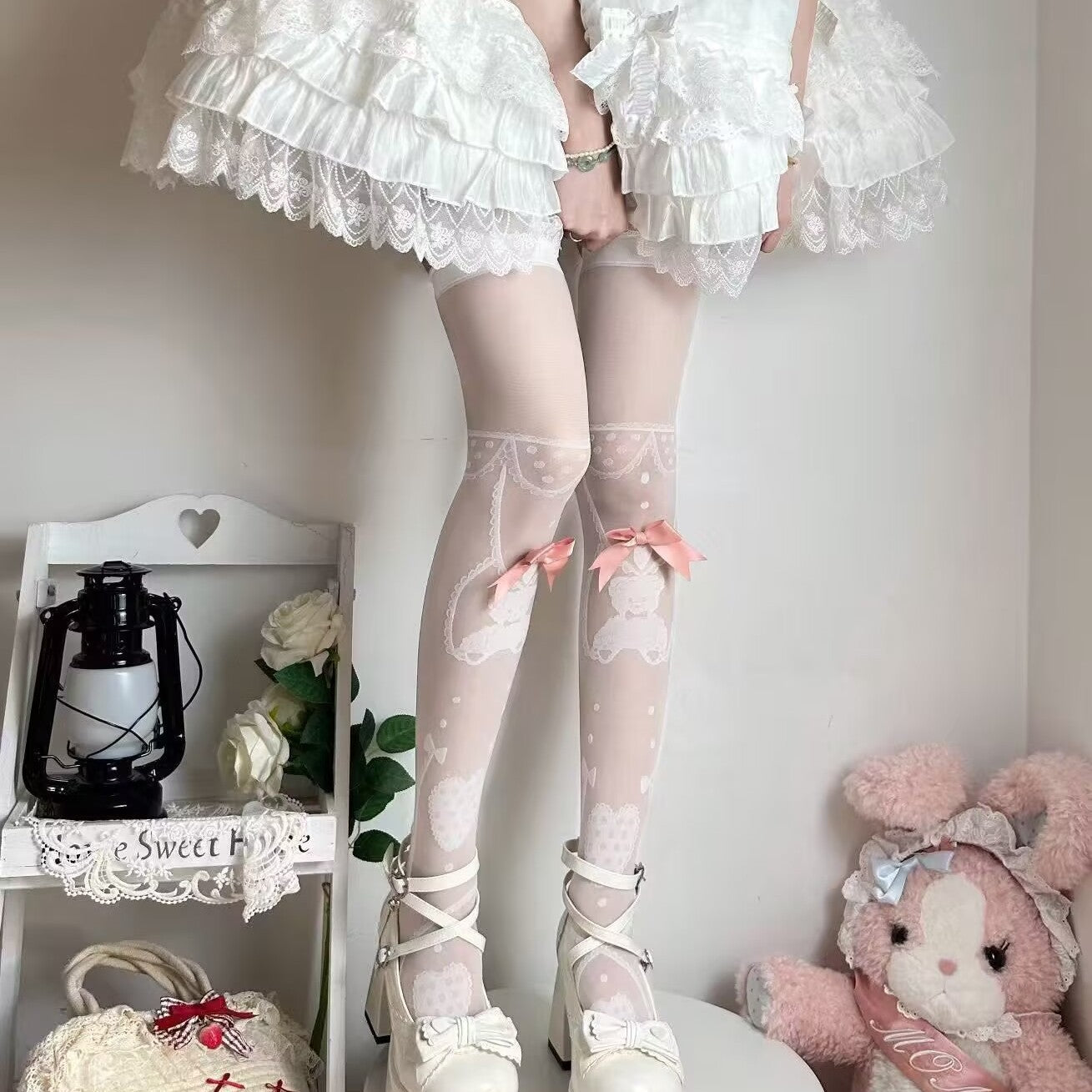 Sweet Thin Stockings Lolita Bow Print Socks Lolita Stockings High Knee Socks