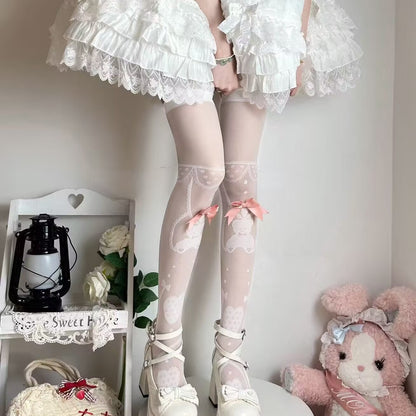 Sweet Thin Stockings Lolita Bow Print Socks Lolita Stockings High Knee Socks
