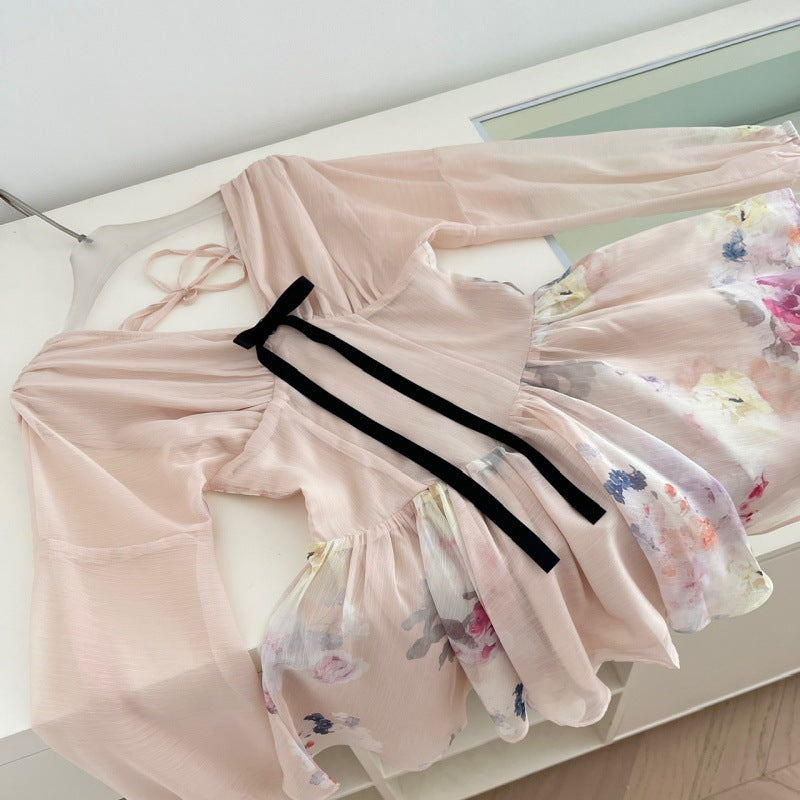 In-Stock Hotdog Spicy Original Moon And Flower Festival Waist-Cinching Bow Delicate Elegant Women's Summer Dress