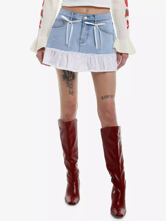 Cross-Border European And American Bow Lace Denim Skirt Sweet Splicing Skirt Xiyin Ozon Walmart Tk Spot