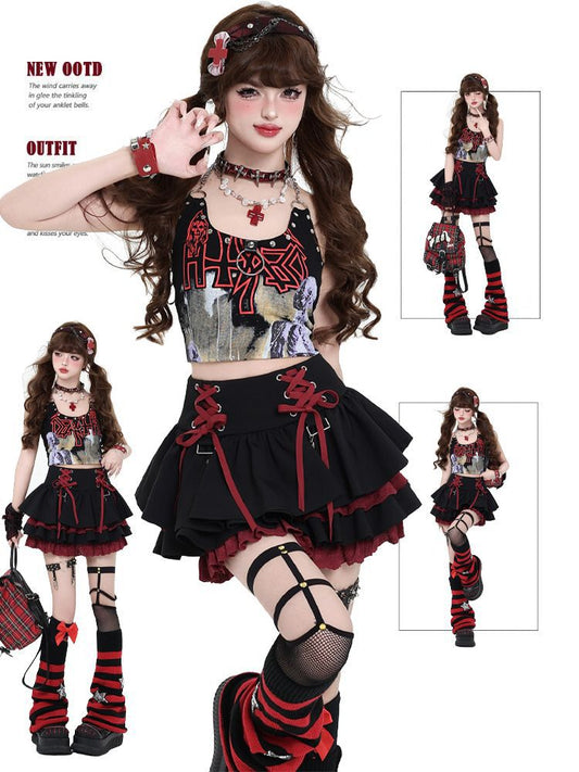 Y2K Sweet Cool Girl Strappy Lace Tutu Skirt Mrxie Rebellious Period Original Cake Skirt New Fashion Hot Sale