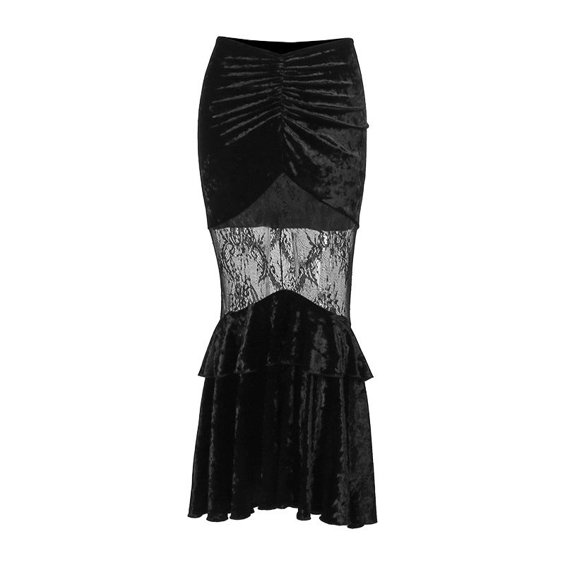 JY23585 Diablo Style New Sexy Perspective Spice Girl Long Dress Summer Elegant Suede Lace Stitching Women's Half Skirt