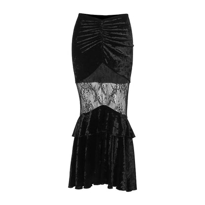 JY23585 Diablo Style New Sexy Perspective Spice Girl Long Dress Summer Elegant Suede Lace Stitching Women's Half Skirt