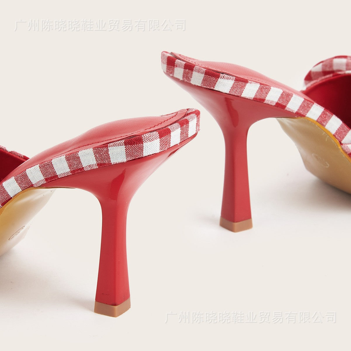 Red Plaid Spring And Summer Square Toe Big Bow Stiletto Heels