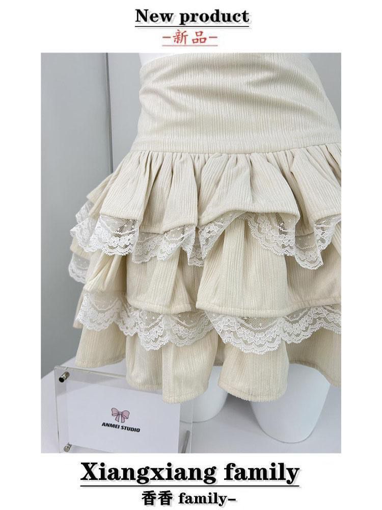 Apricot Cake Skirt High Waist A- Line Skirt Lace Stitching Short Puffed Cake Skirt