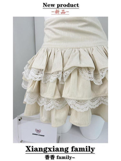 Apricot Cake Skirt High Waist A- Line Skirt Lace Stitching Short Puffed Cake Skirt