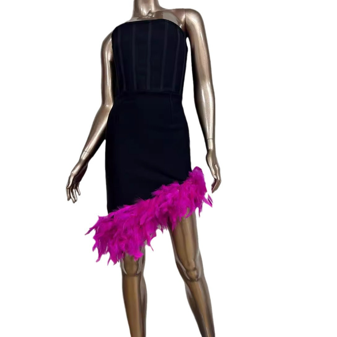 2024 New Independent Station European And American Women's Tube Top Corset Backless Irregular Feather Fishbone Bandage Dress