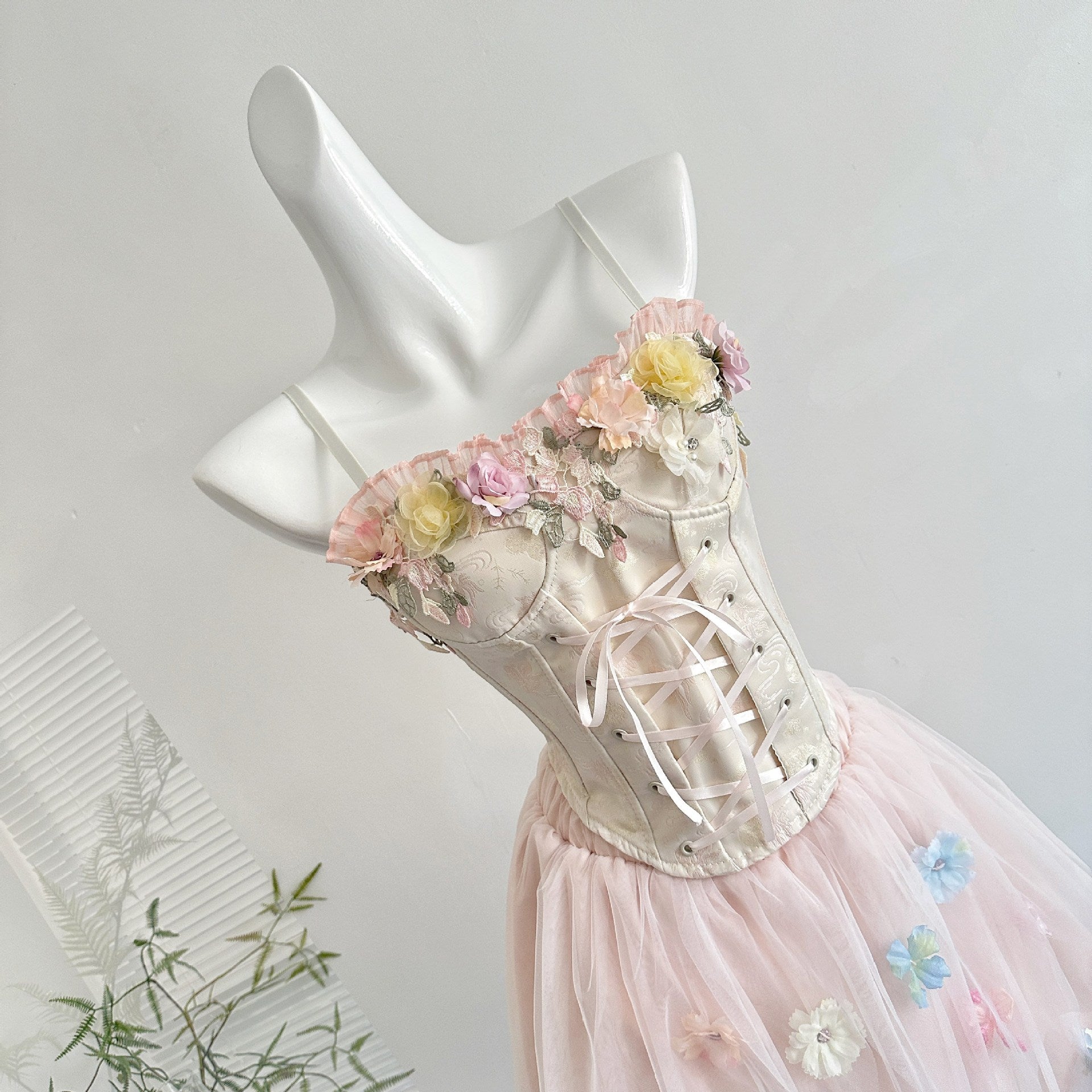 Temple Dream Flower House "Sweet Pure Desire Three-Dimensional Flower Puffy Skirt Off-Shoulder Fishbone Top Suit 2025 Summer
