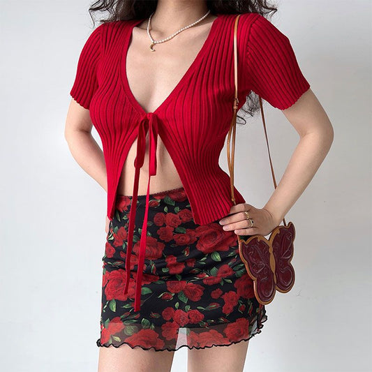 Summer All-match Design Sense American Style Retro High Waist A- Line Skirt Rose Short Wood-ear Edge Printed Half-length Skirt Trendy