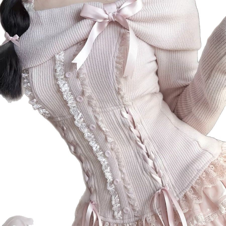 Girls' Generation Girly Sweet And Fragrant Soft Shoulder-Length Long-Sleeved Knitwear Top Cake Skirt Suit