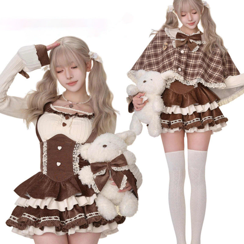 2025 New Sweet And Fashionable Cape Cake Suspender Skirt With Top Three-Piece Suit