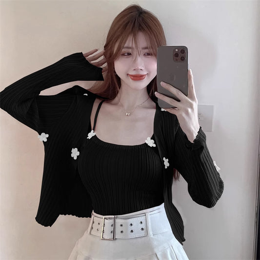 Hot Girl Suit Camisole 2025 Summer New Mesh Small Fragrance Cardigan Short Top Two-Piece Knitted Set