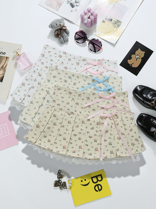 Pure Desire Style Little Man Floral Skirt Sweet Girl Lace-up Bow Short Skirt Anti-glare Pleated Overskirt 9372