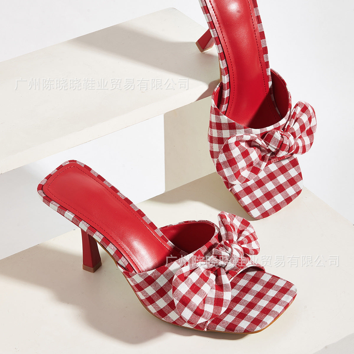 Red Plaid Spring And Summer Square Toe Big Bow Stiletto Heels