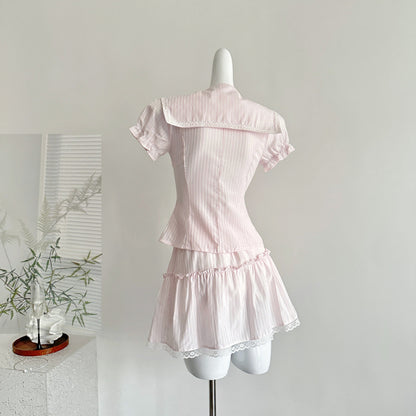 Love Summer Bow Lapel Waist Top Lace Skirt Summer Suit